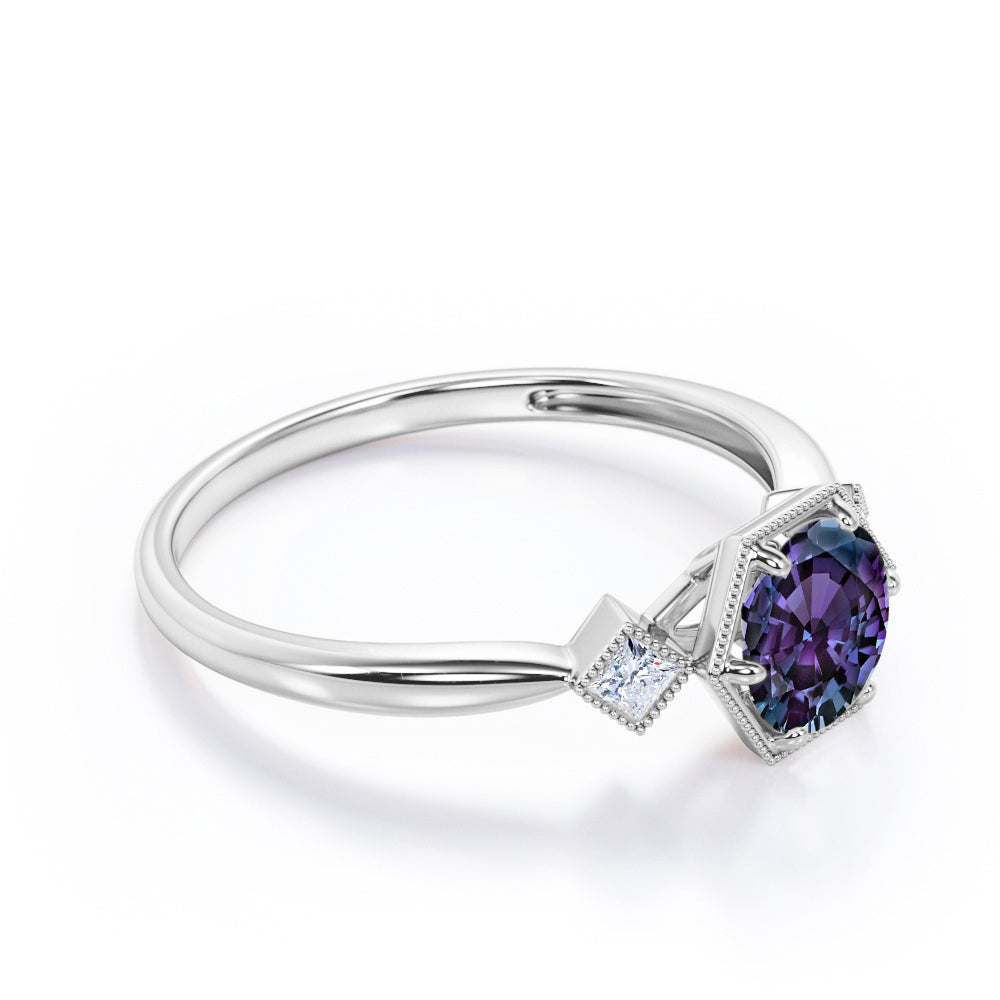 Past, Present and Future 0.6 carat Round cut Alexandrite milgrain setting-tapered shank engagement ring in Rose gold