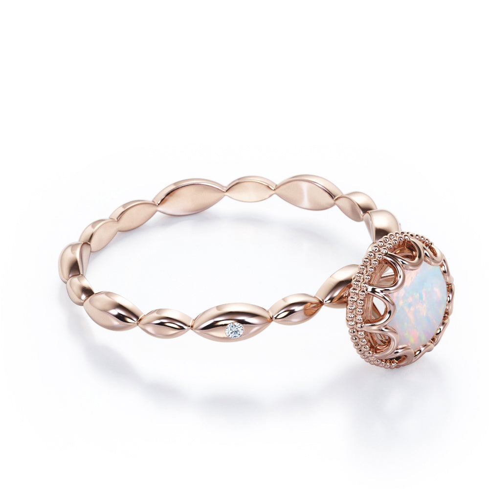 Scalloped halo 1 carat Round cut Ethiopian Opal milgrain edge engagement ring in Rose gold
