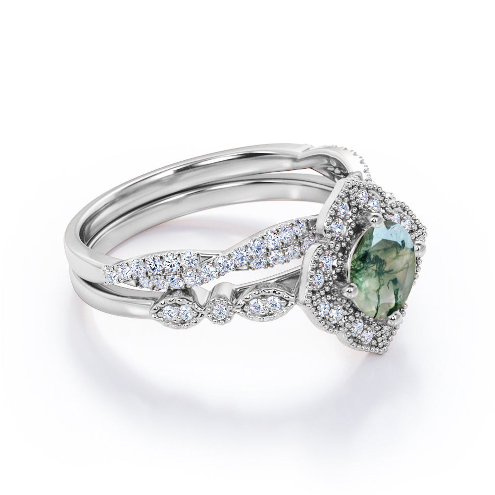 Cluster Flower style 1.55 carat Round cut Moss Green Agate Milgrain Engagement ring with Infinity diamond wedding band for women - Wedding ring set