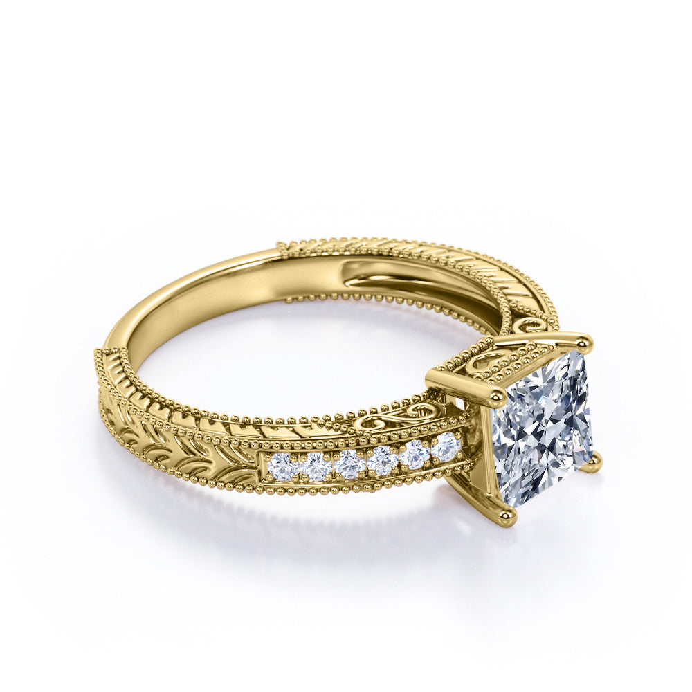 Vintage Milgrain 1.15 carat Princess cut Moissanite and diamond Engraved Filigree Engagement ring in White gold-Anniversary ring
