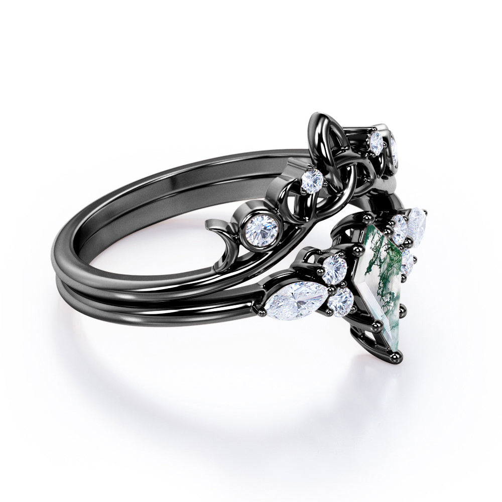 Contoured triad and chevron 1.25 carat Kite shape Moss Green Agate and diamond-7 stones-art deco inspired wedding ring set in Rose gold