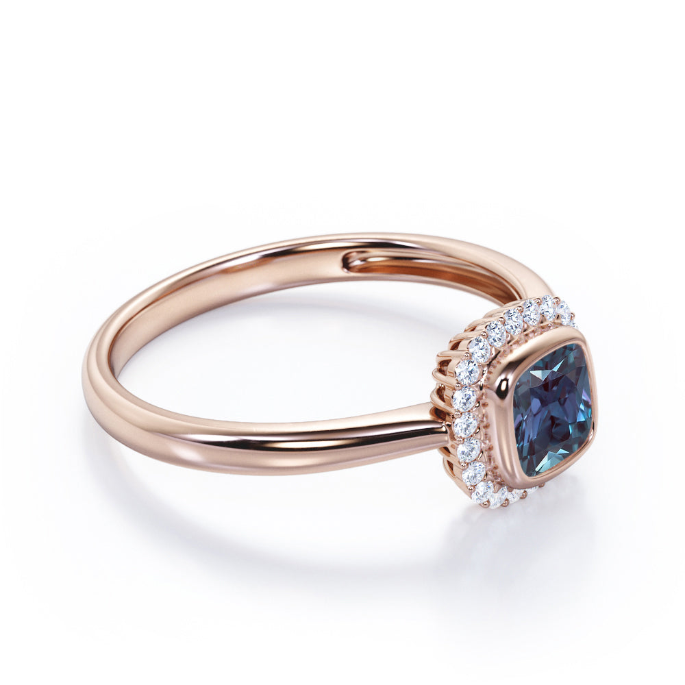 Vintage Floral 1.25 carat Cushion cut Lab made Alexandrite and diamond halo style engagement ring in White gold