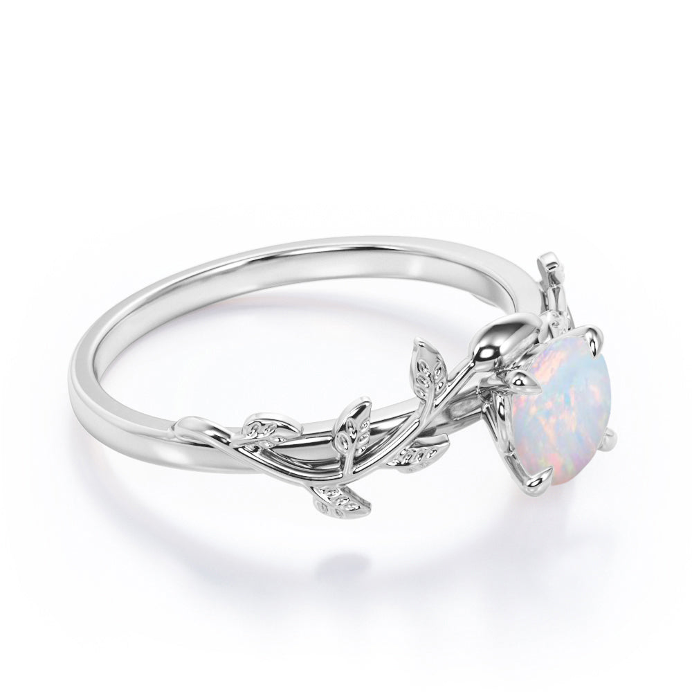 Classic nature inspired 1 carat Round cut Australian Opal vine and leaf engagement ring in White gold