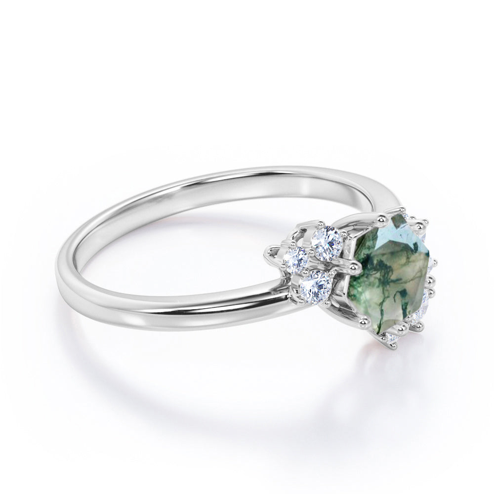 Aesthetic 0.65 carat Hexagon shaped Moss Green Agate and diamond art deco inspired engagement ring in Black gold