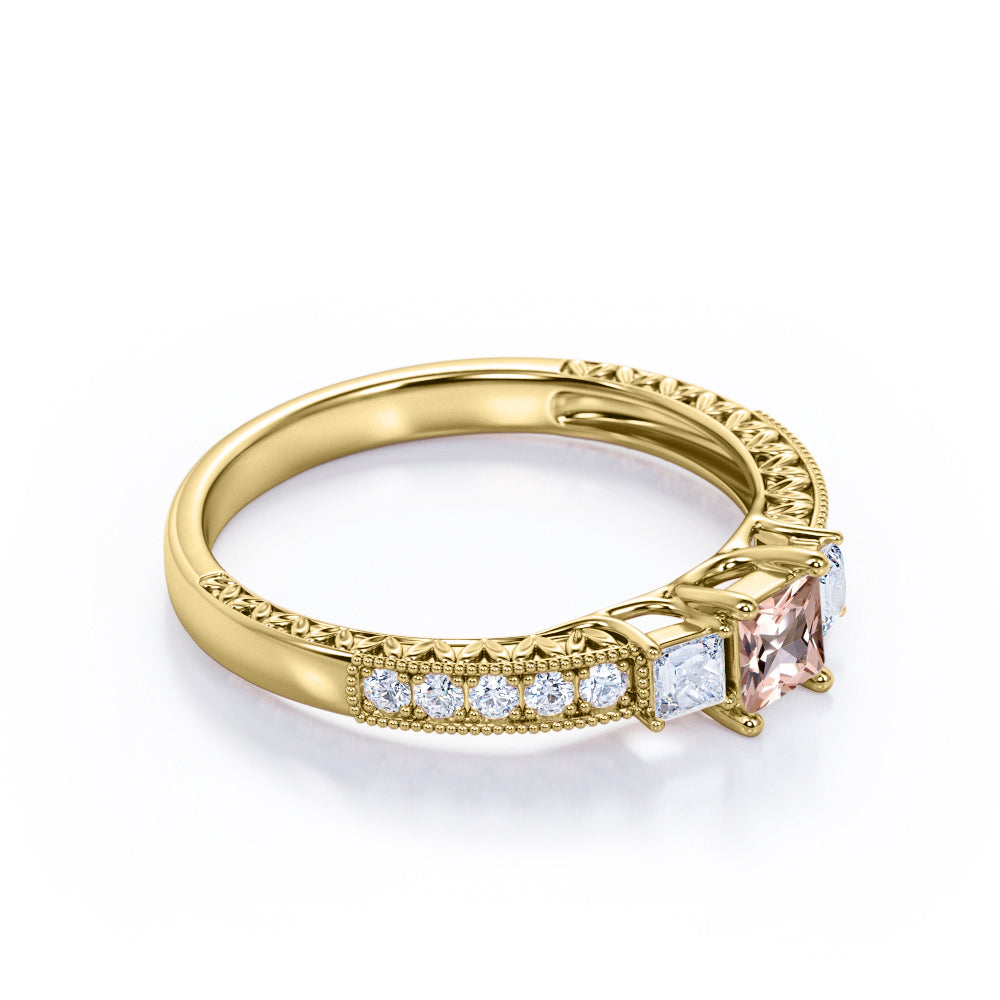 Petite Milgrain 0.75 carat Princess cut Morganite and diamond 3 stone engagement ring in White gold