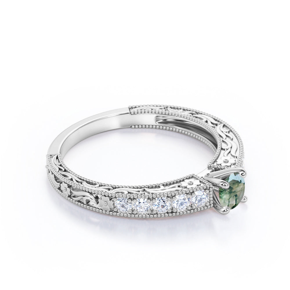 Artistic Milgrain 0.75 carat Round cut Moss Agate and diamond cathedral setting engagement ring in Rose gold