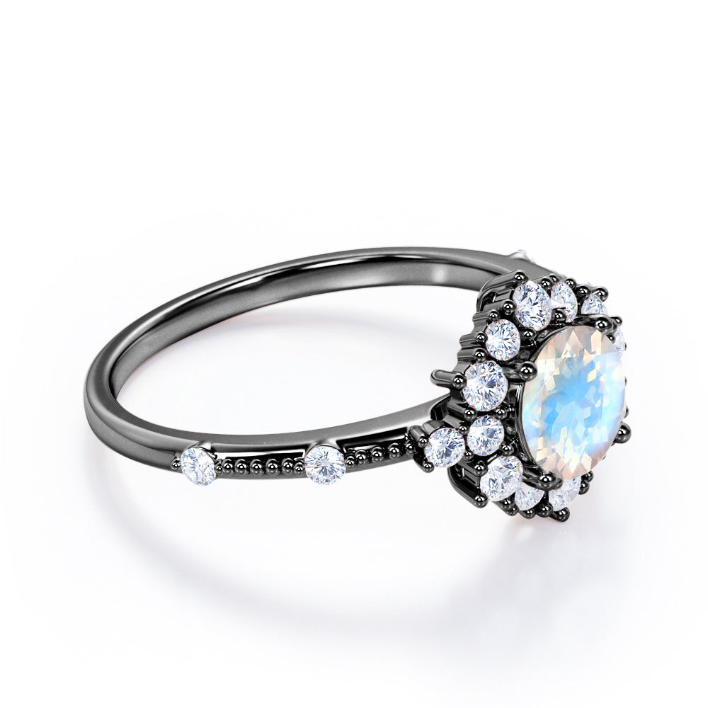 Statement 1.5 carat Round cut Blue Moonstone and diamond snowflake engagement ring in White gold