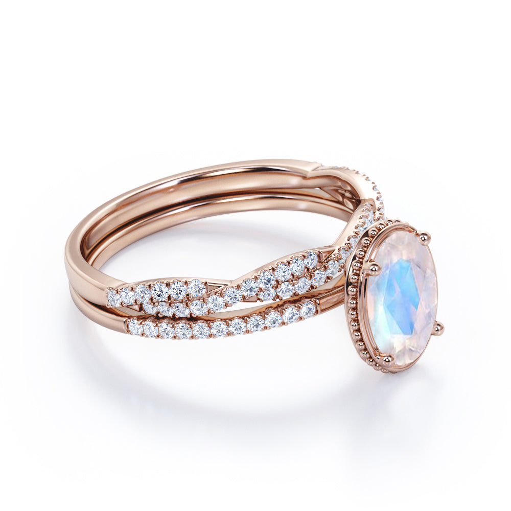 Milgrain Edge 1.5 carat Oval shape Moonstone and diamond Bridal wedding ring set in gold