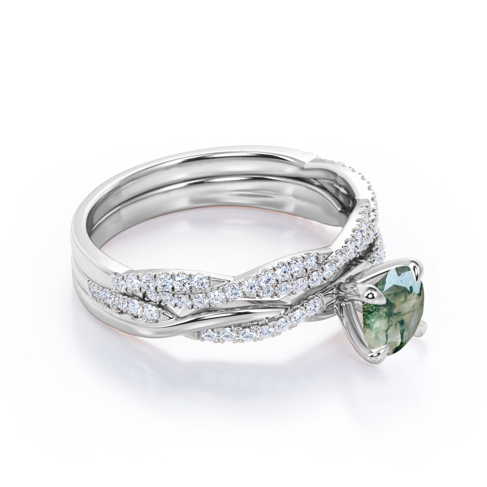 Minimal 4 Prong 1.5 carat Round cut Moss Green Agate and diamond Infinity Bridal set for her