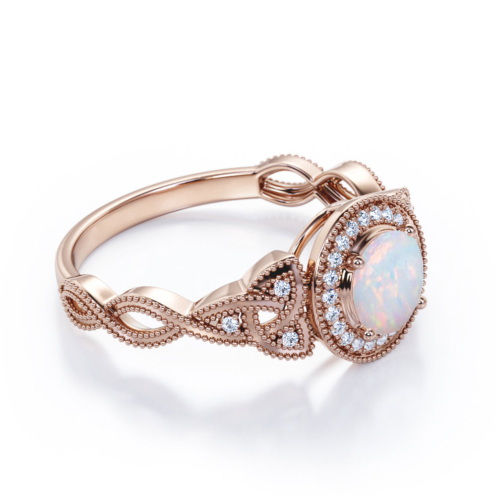 Grandiose 1.30 carat Round cut Ethiopian Opal and diamond twisted infinity halo engagement ring in White gold