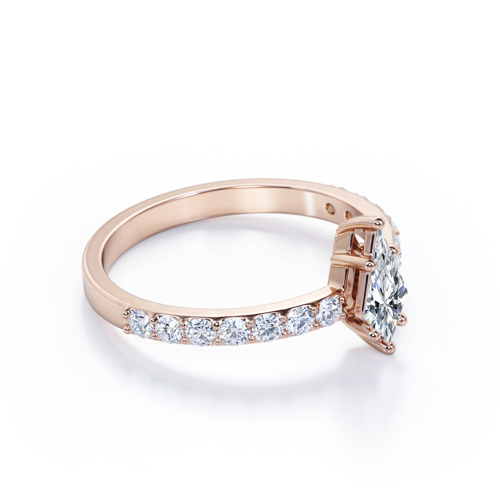 Minimalist 0.7 carat Kite shaped Moissanite and diamond 6 prong engagement ring in White gold