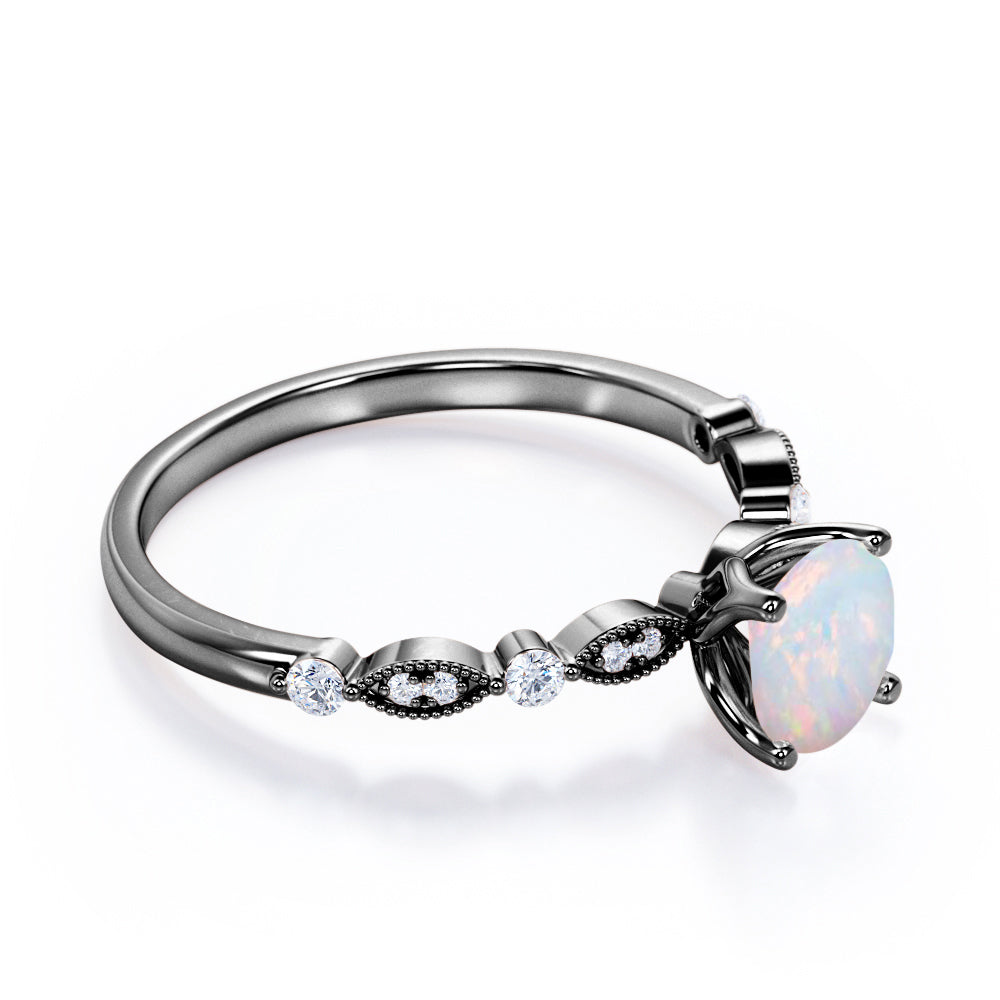 Classic Cathedral set 1.1 carat Round cut Opal and diamond milgrain marquise and dot engagement ring in Rose gold