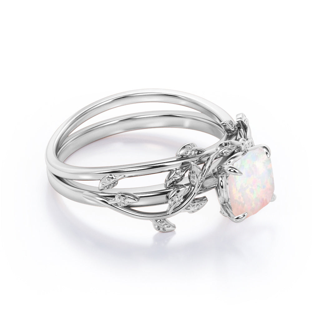 Unique 1 carat Cushion cut Fire Opal Nature-themed Bridal ring set in White gold