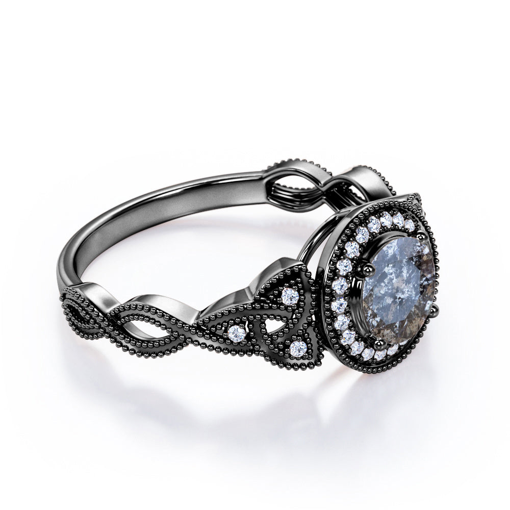 Twisted Vine inspired 0.75 carat Round cut Salt and pepper diamond and White diamond classic halo engagement ring in White gold