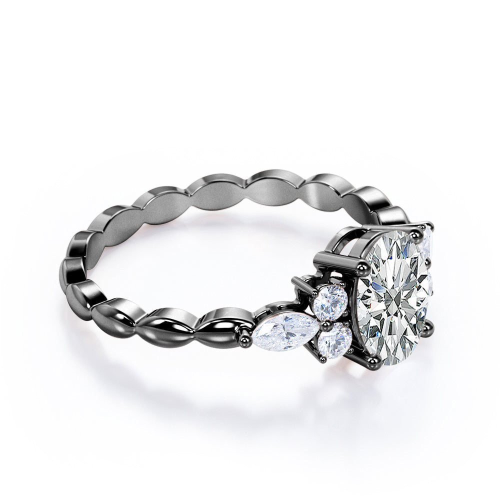 Exquisite Scalloped 1.1 carat Oval cut Moissanite diamond seven stone engagement ring in Rose gold