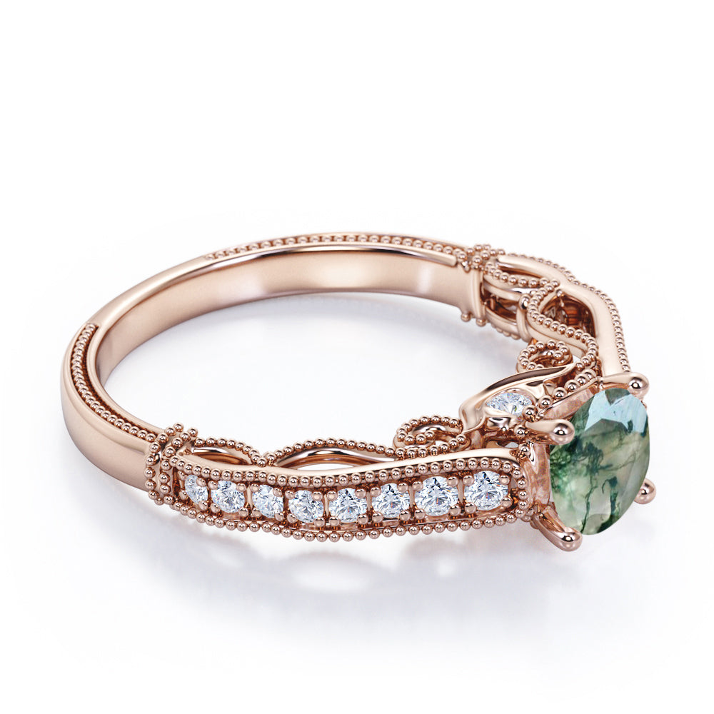 Victorian inspired filigree 1.25 carat Round cut Moss Green Agate and diamond milgrain engagement ring in Black gold