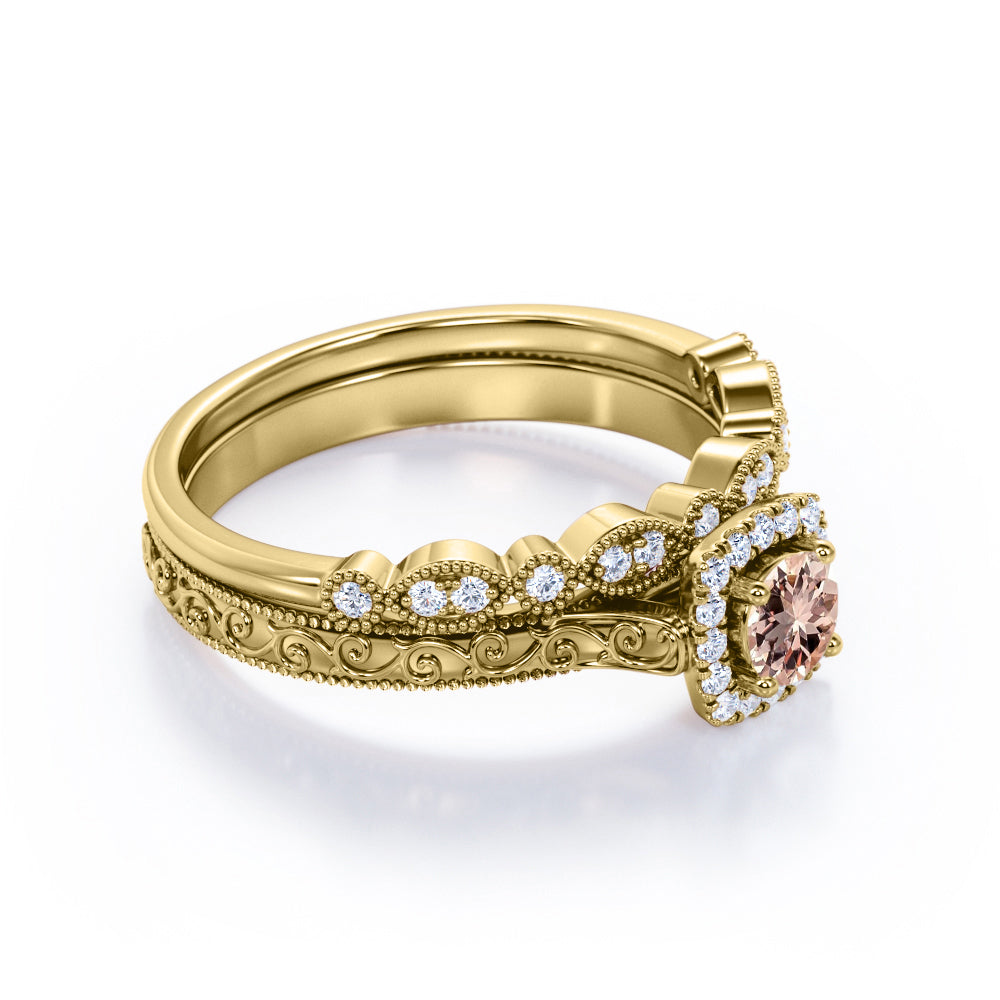 Victorian Filigree 0.9 carat Round cut Morganite and diamond halo Milgrain halo engagement ring set in Rose gold-Bridal set