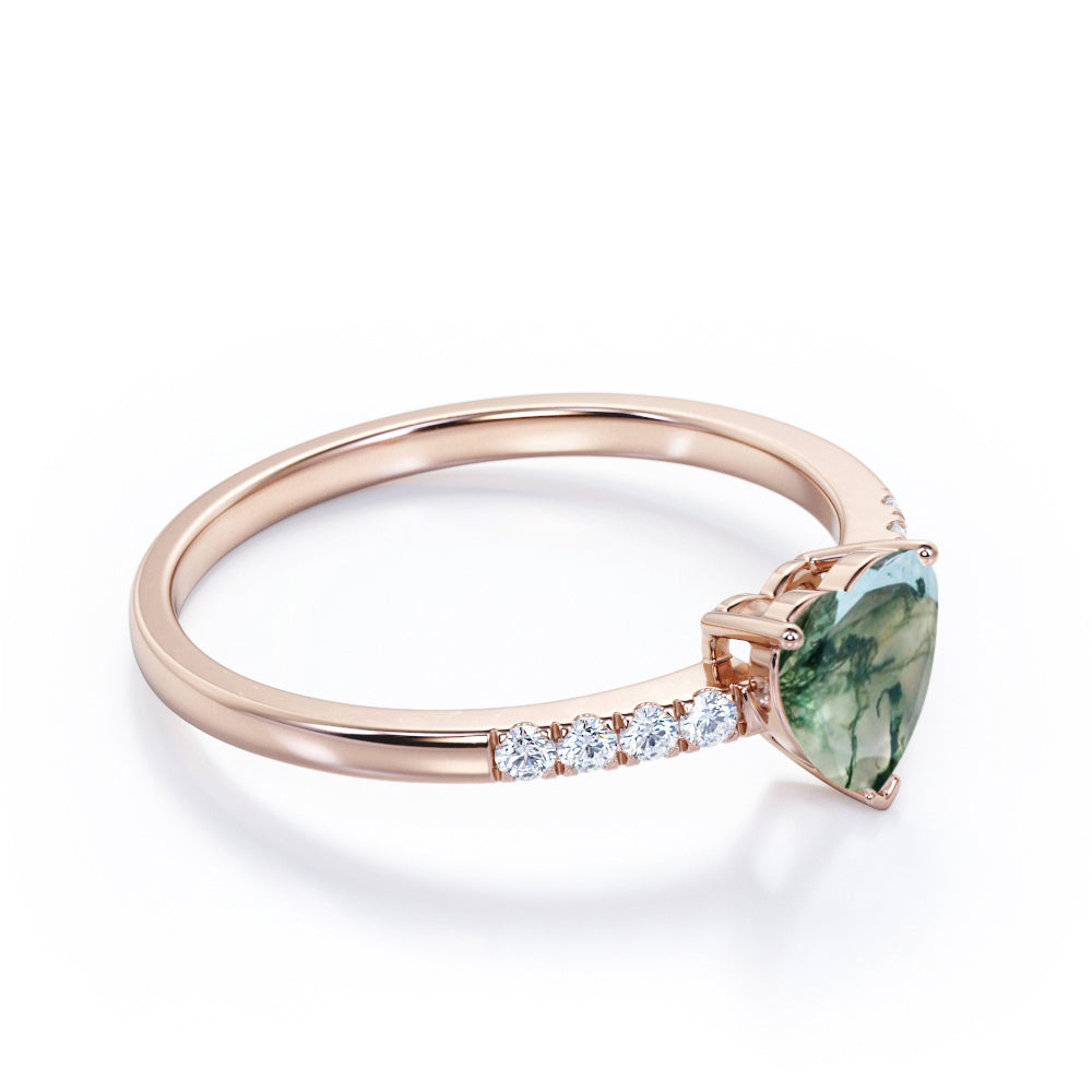 Vintage Pave 1.2 carat heart shaped Moss Green Agate and diamond eternity engagement ring in Black gold