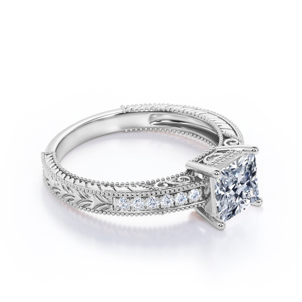 Vintage Milgrain 1.15 carat Princess cut Moissanite and diamond Engraved Filigree Engagement ring in White gold-Anniversary ring