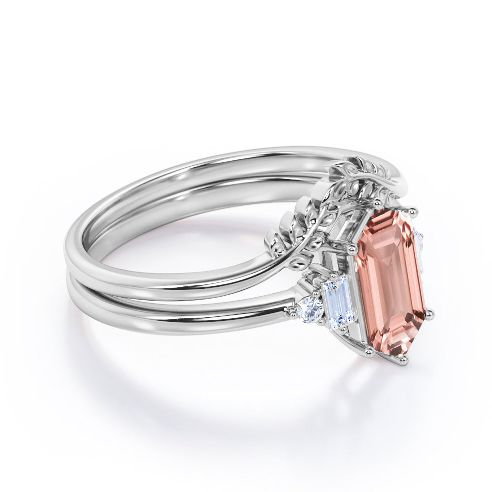 Floral Chevron 1.1 carat Hexagon Morganite and diamond Bridal set for women in Rose gold