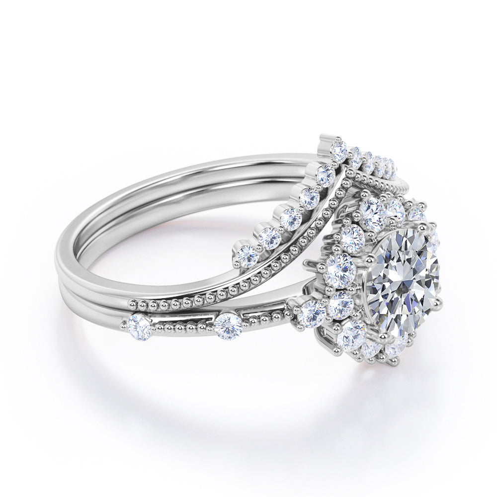 Milgrain Chevron 1.3 carat Round cut Moissanite and diamond art deco inspired wedding ring set for her in Black gold
