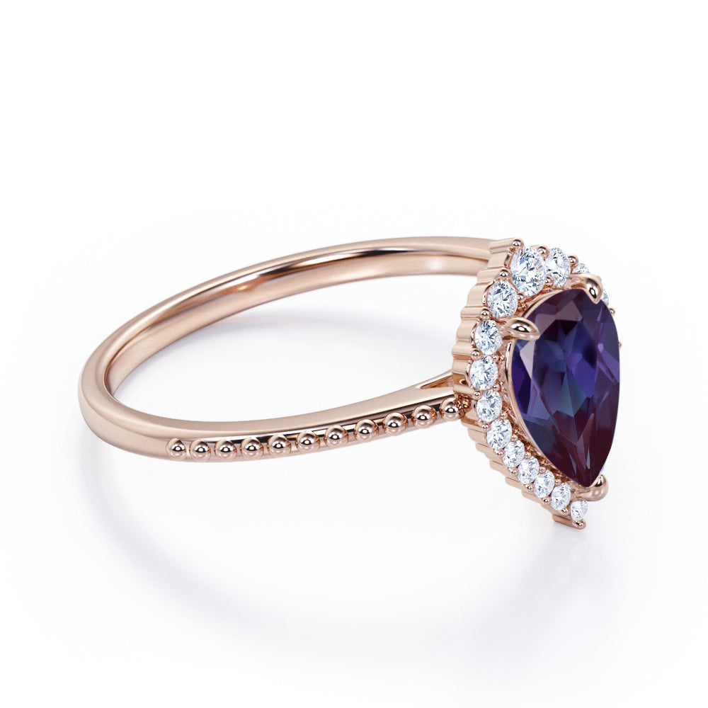 Crown Milgrain 1.25 carat Pear shaped Synthetic Alexandrite and diamond halo style engagement ring in Rose gold