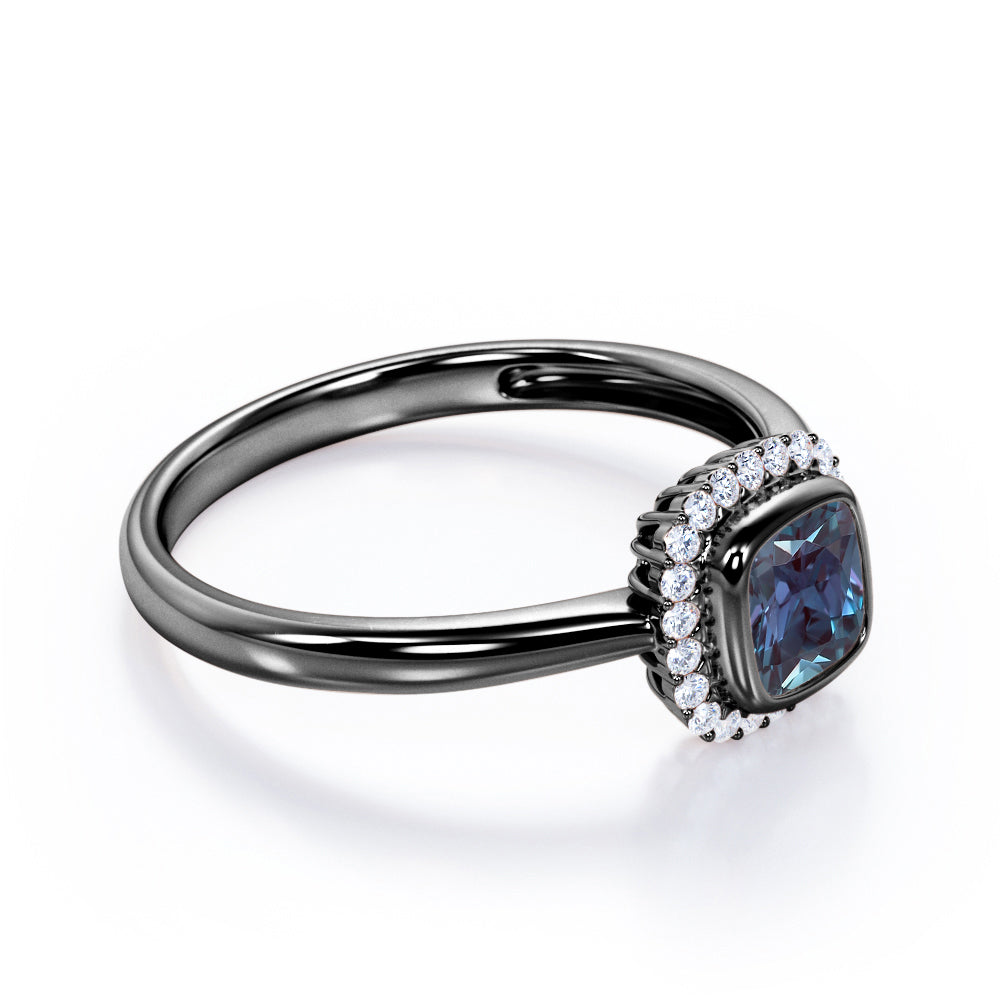 Vintage Floral 1.25 carat Cushion cut Lab made Alexandrite and diamond halo style engagement ring in White gold