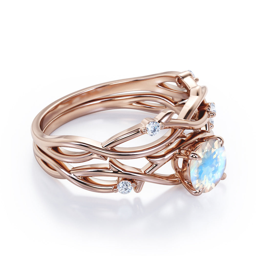 Eccentric nature inspired 1.15 carat Round cut Moonstone and diamond earthy Bridal set for women in White gold