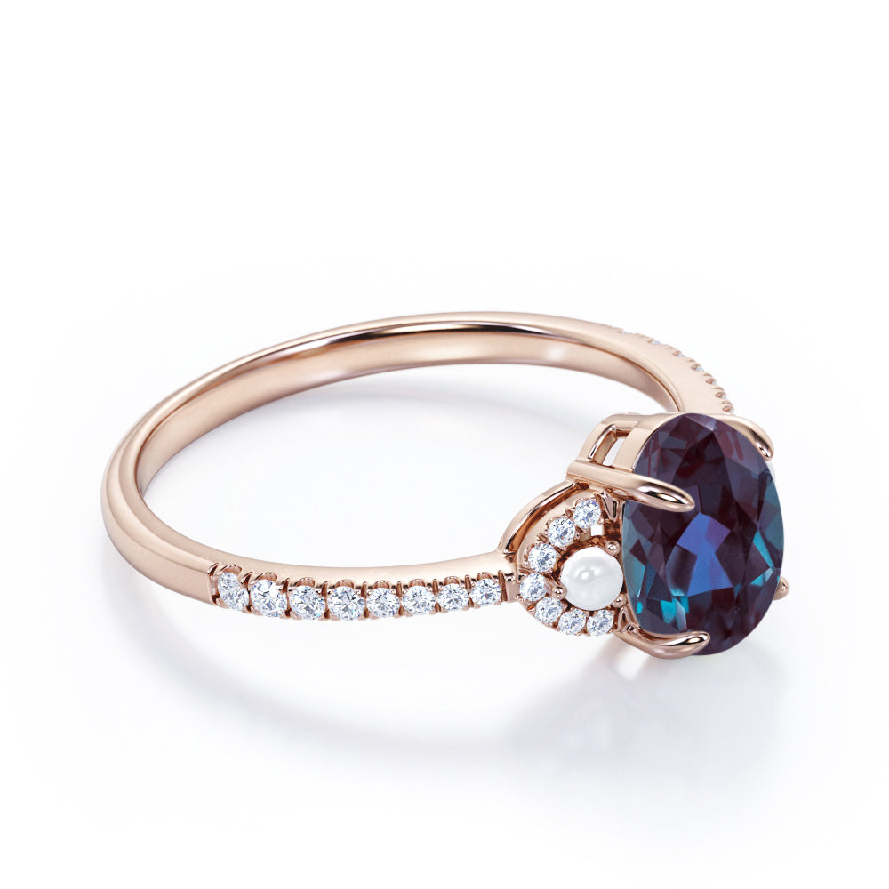 Crescent bands 1.5 carat Oval shaped Synthetic Alexandrite, diamonds and pearl engagement ring in White gold