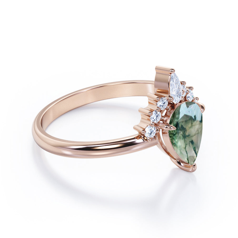 Royal Tiara style 1.15 carat Pear cut Moss Green Agate and diamond engagement ring in White gold