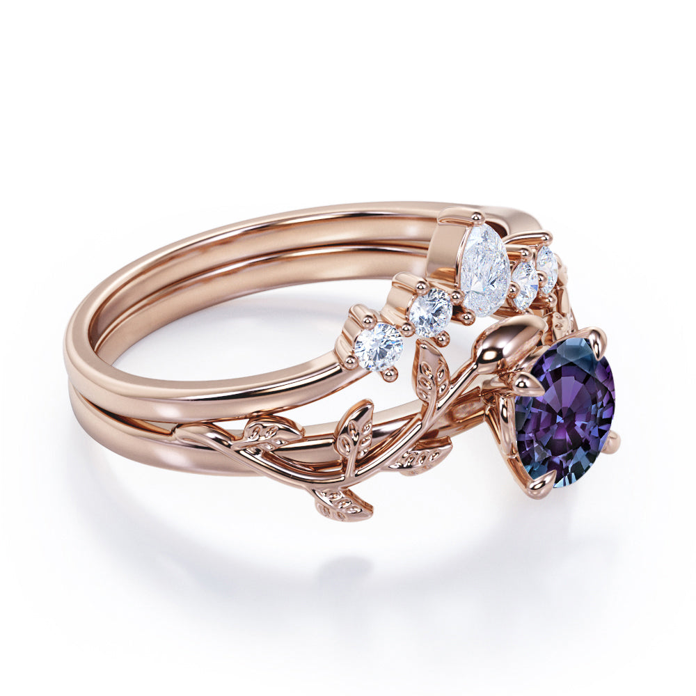 Floral Tiara 1.2 carat Round cut Lab created Alexandrite and diamond claw prong engagement ring in White gold