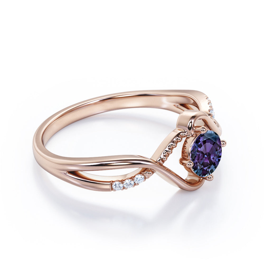 Twisted Branchlet 0.5 carat Round cut Synthetic Alexandrite and diamond infinity shank engagement ring in Black gold