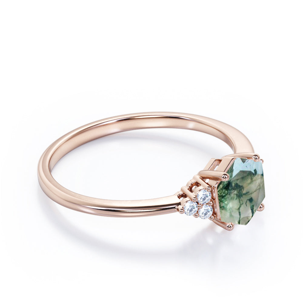 Seven lucky stones 1 carat Hexagon shaped Moss Green Agate and diamond pinched shank engagement ring in White gold