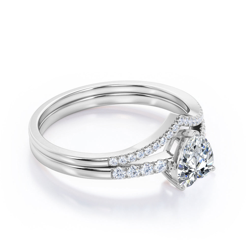 Romantic Chevron 1.3 carat Heart shaped Moissanite and diamond wedding ring set for women in Rose gold