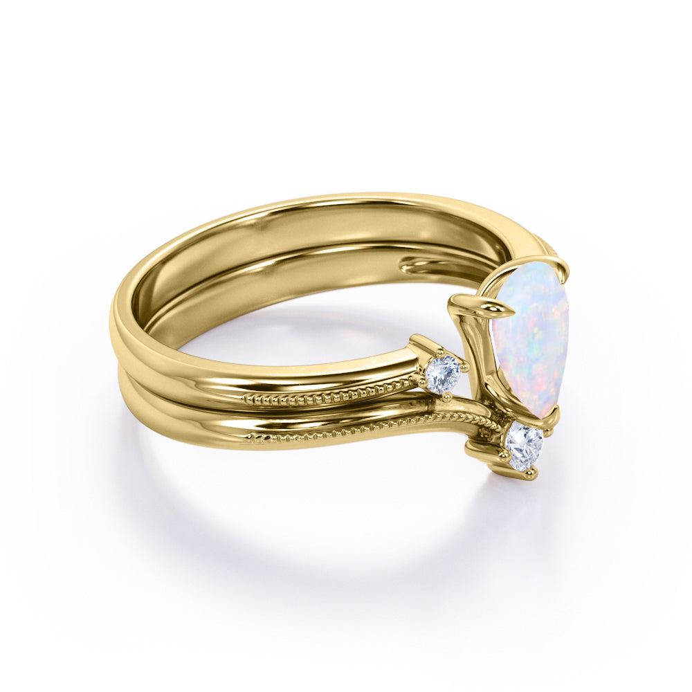 Chevron Crown Tiara 1.10 carat Pear cut Australian Fire Opal and Milgrain Border and diamond Wedding Bridal ring set