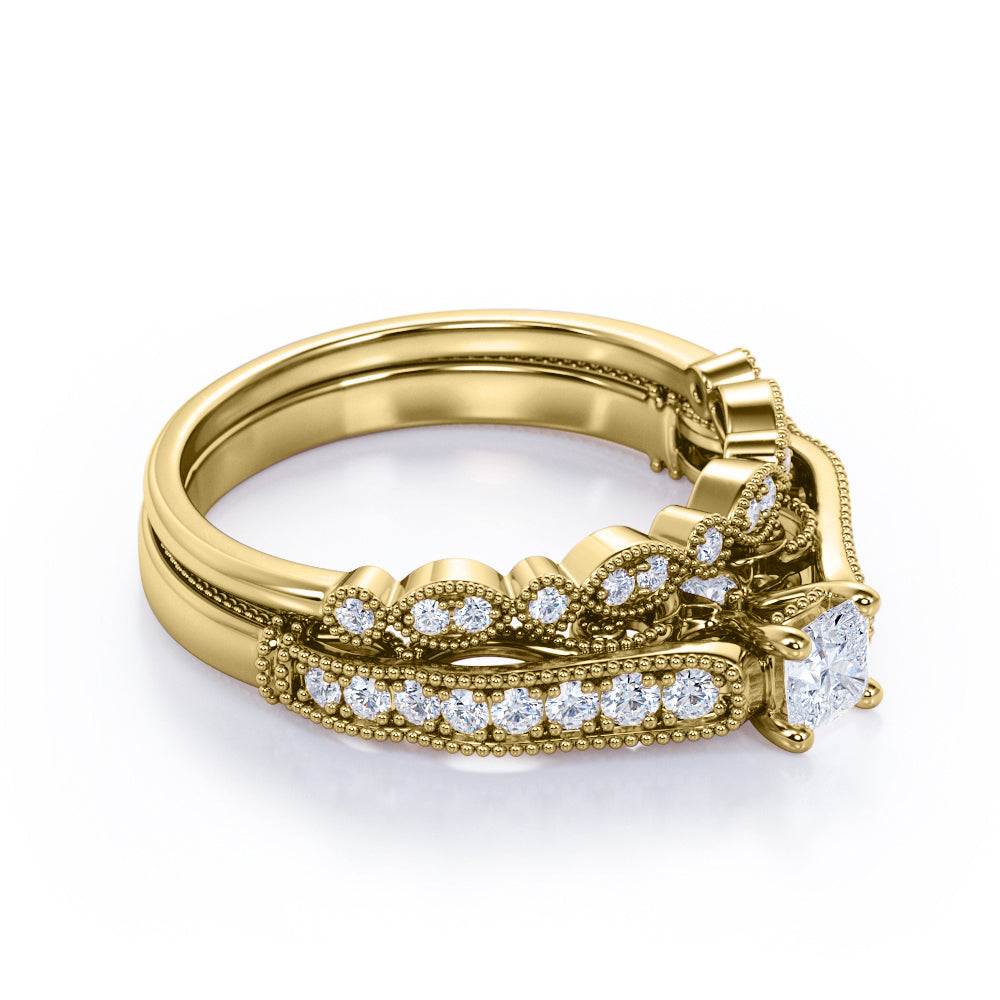 Vintage channel set 1.25 carat Round cut Moissanite and diamond art deco milgrain wedding ring set in white gold