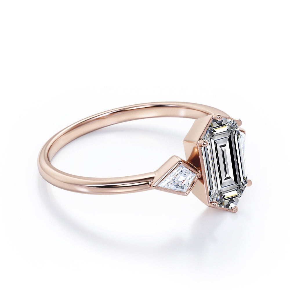 Asymmetric three stone 1.2 carat Hexagon cut Moissanite and Kite diamonds engagement ring in Black gold