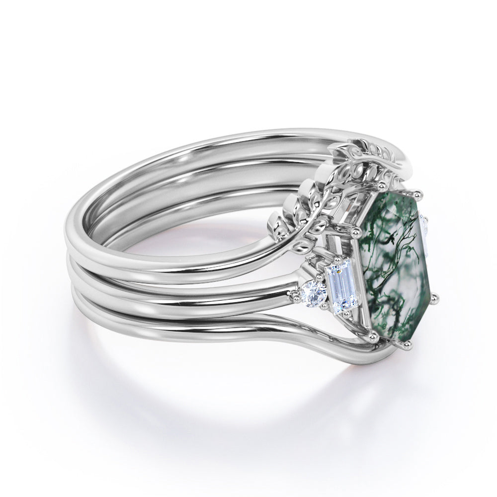 Vintage Double Chevron 1.1 carat Hexagon shaped Moss Green Agate and diamond forest inspired engagement ring in Black gold