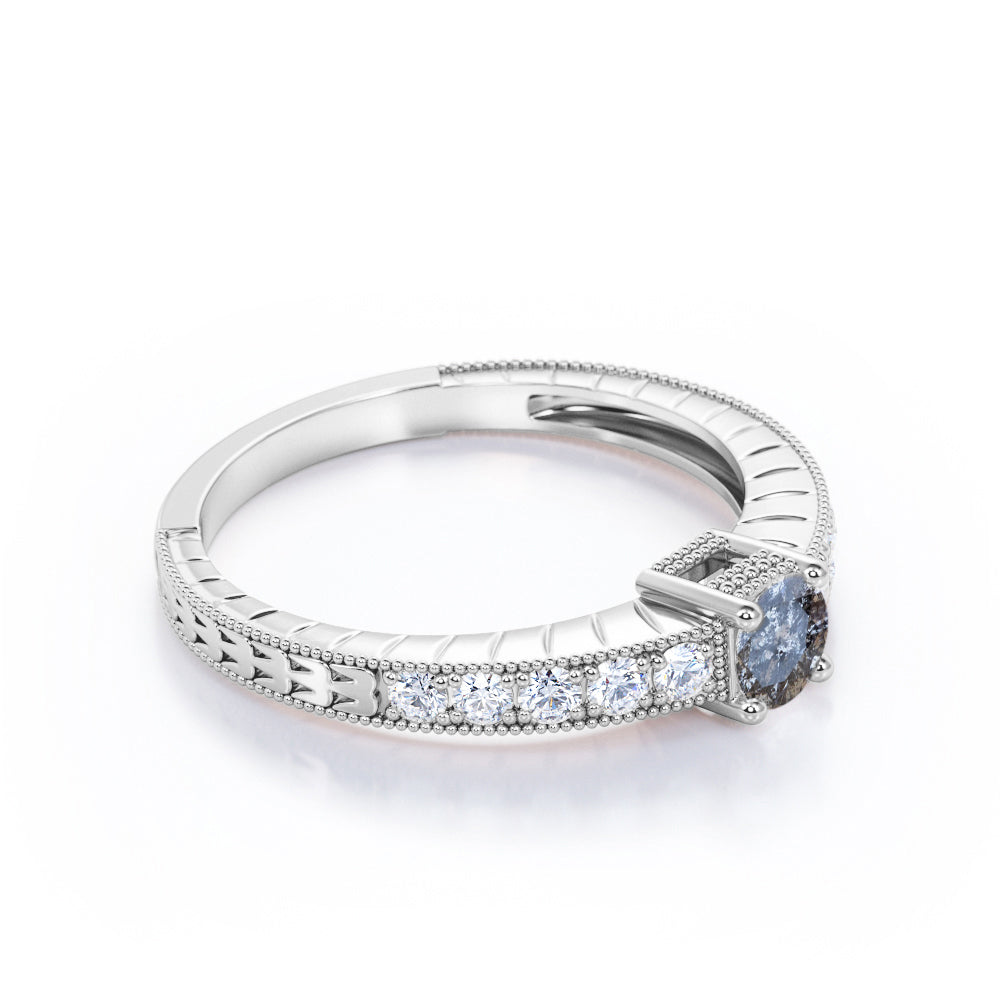 Art nouveau inspired 0.7 carat Round cut salt and pepper diamond and White diamond milgrain engagement ring in rose gold