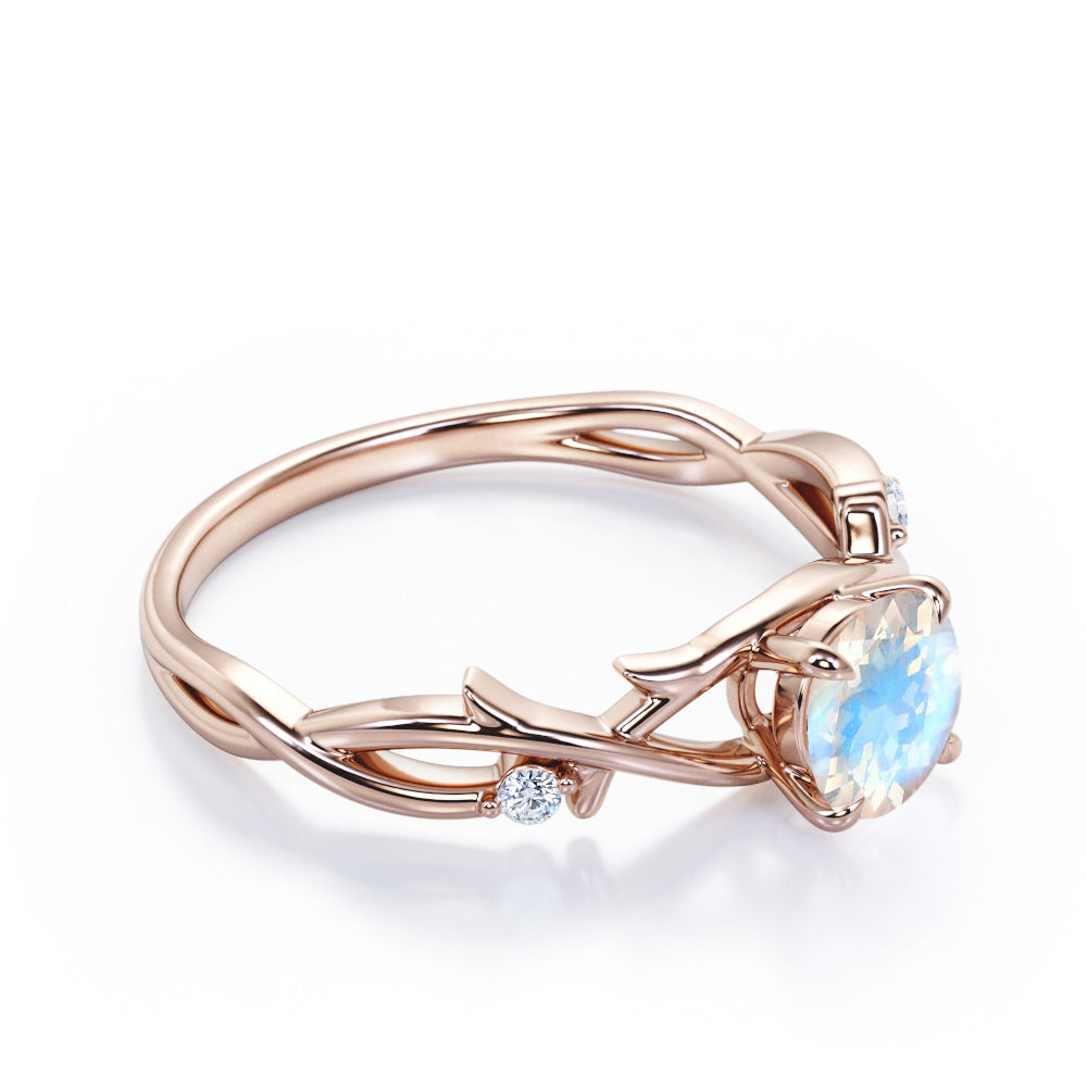 Dainty Branchlet 1.1 carat Round cut Blue Moonstone and diamond nature inspired engagement ring in Black gold