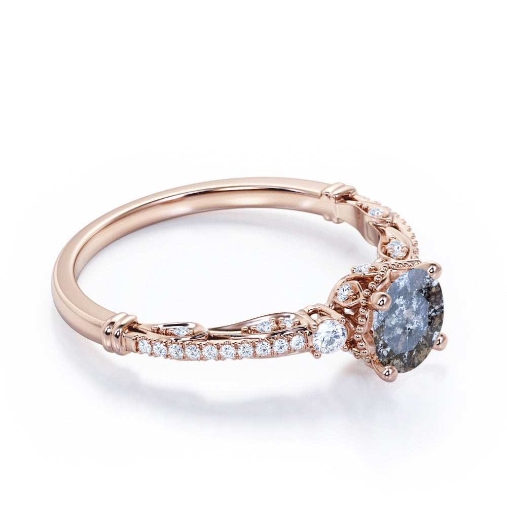 0.8 carat Round cut Salt and pepper diamond and White diamond-art deco-pave set engagement ring in White gold