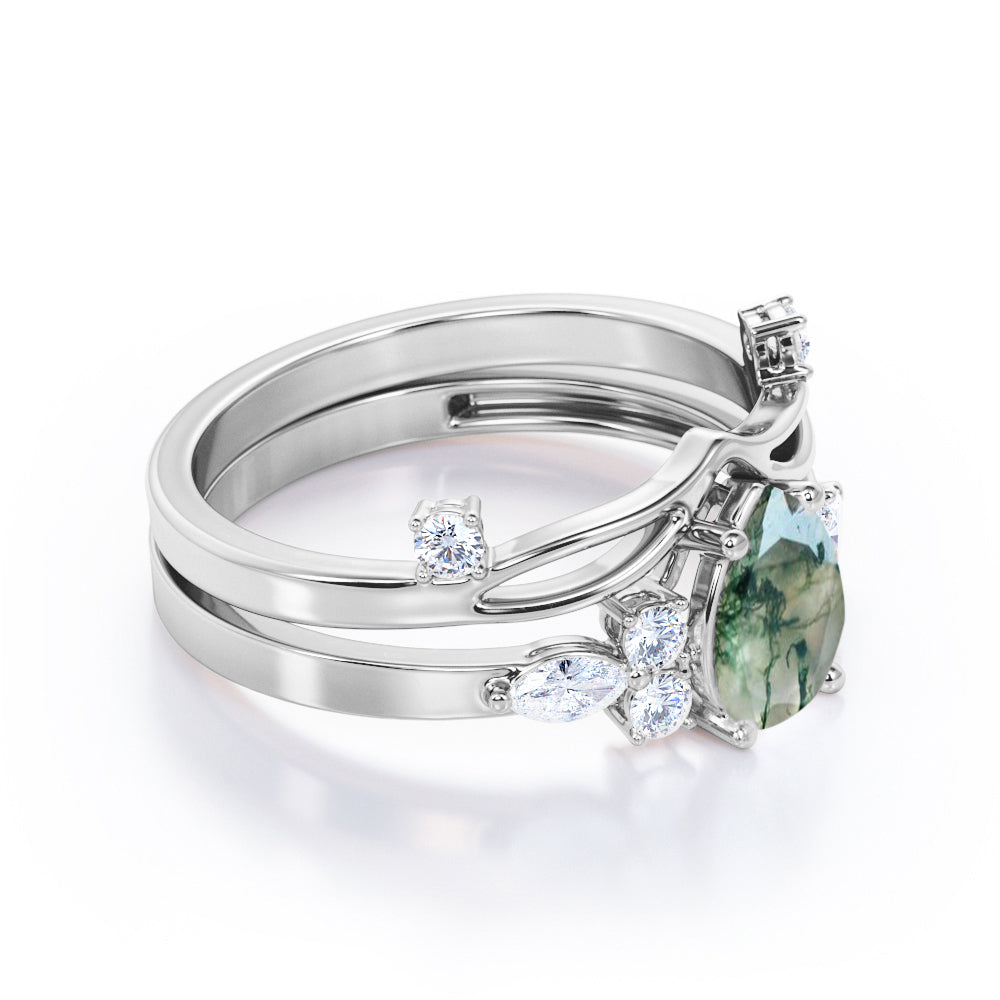 Beveled Chevron 1.25 carat Pear cut Moss Green Agate and diamond Split shank wedding ring set in Black gold