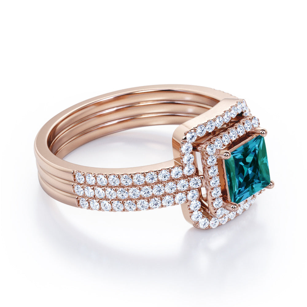 Elegant Eternity 1.75 carat Princess cut Lab created Alexandrite and diamond trio wedding ring set for women in White gold