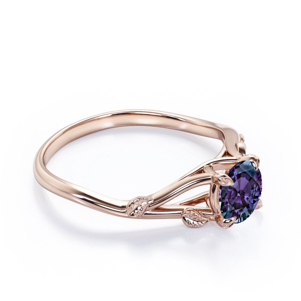 Nature inspired 1 carat Round cut Lab created Alexandrite vine split shank engagement ring in Black gold