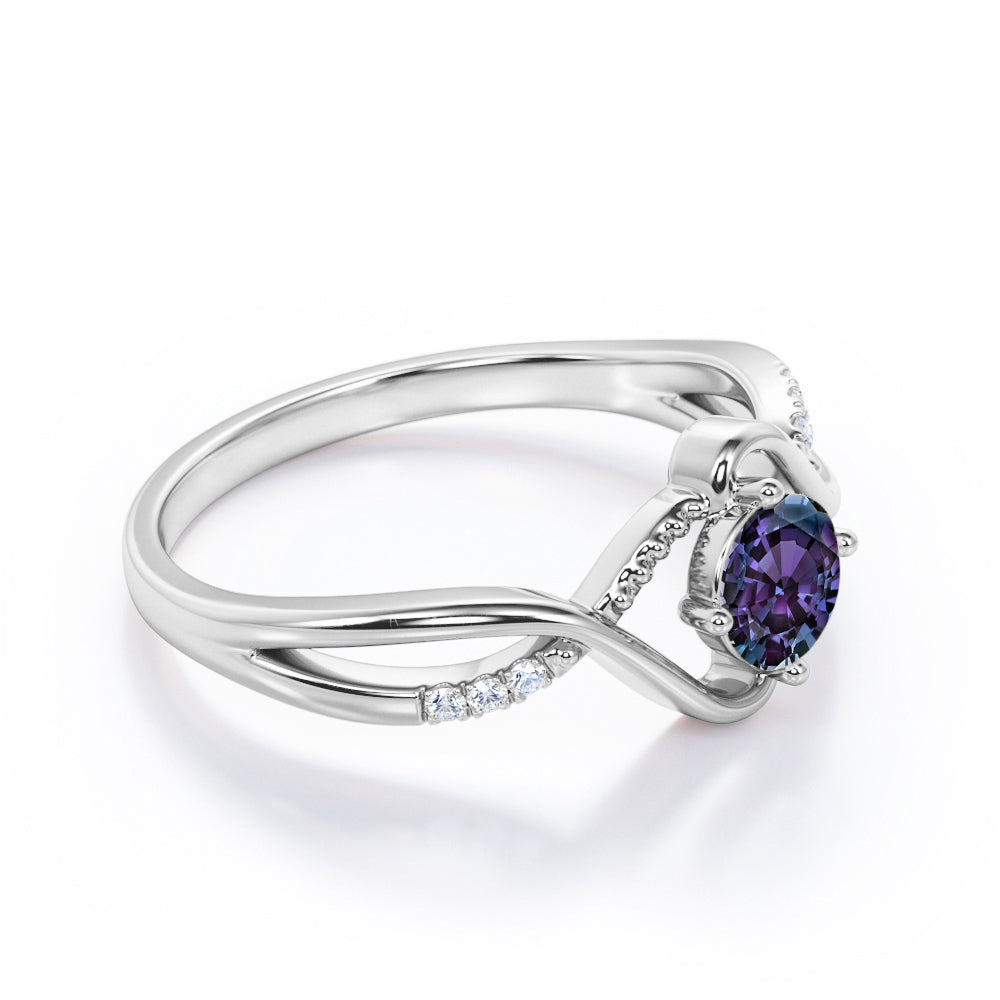 Twisted Branchlet 0.5 carat Round cut Synthetic Alexandrite and diamond infinity shank engagement ring in Black gold