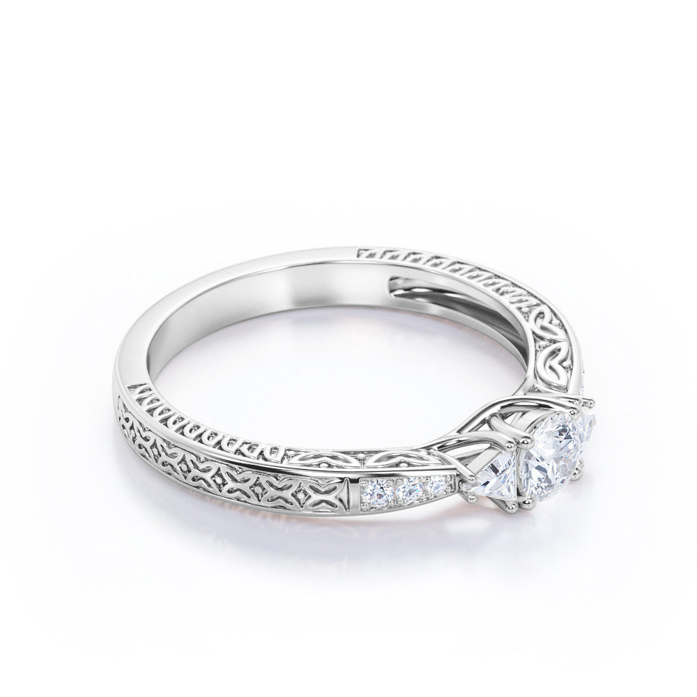 Antique Leaf engraved 0.45 carat Round cut diamond trilogy engagement ring for her