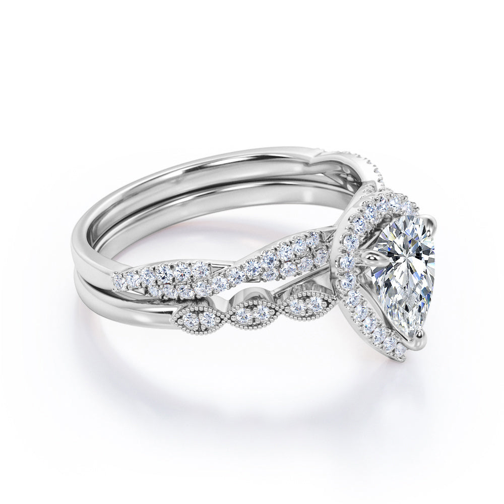 Milgrain Edge 1.60 carat pear shaped moissanite and diamond vintage infinity ring set in White gold- wedding ring set