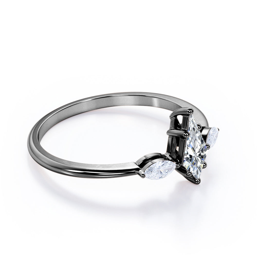 Unique 3 stone 1.1 carat Kite shaped Moissanite and marquise diamonds engagement ring in White gold
