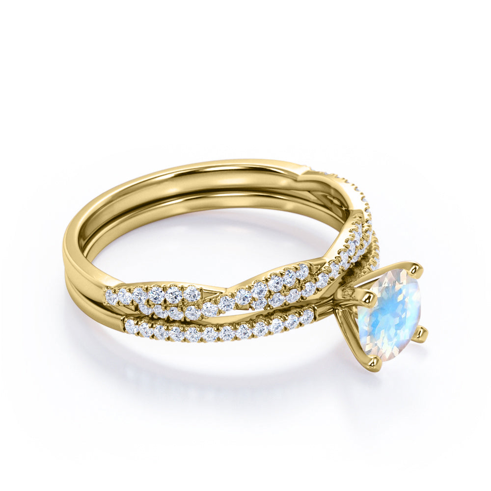 Classic 1.5 carat round cut Moonstone Wedding ring set with matching semi-infinity diamond wedding ring band in White gold