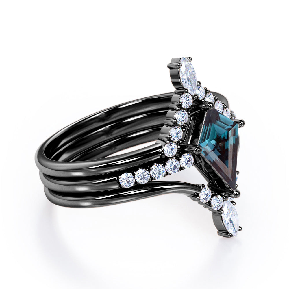 Tiara Chevron 1.35 carat Kite shaped Lab created Alexandrite and diamond trio wedding ring set in White gold